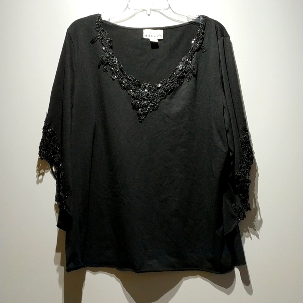 Miller's black embroidery sequins V neck quarter split sleeve shirt size 20